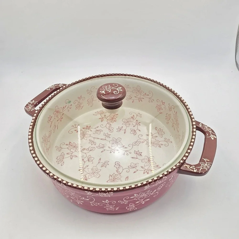 Temp-tations Floral Lace 2.0 QT Round Baker with Glass Lid Cranberry Purple O1